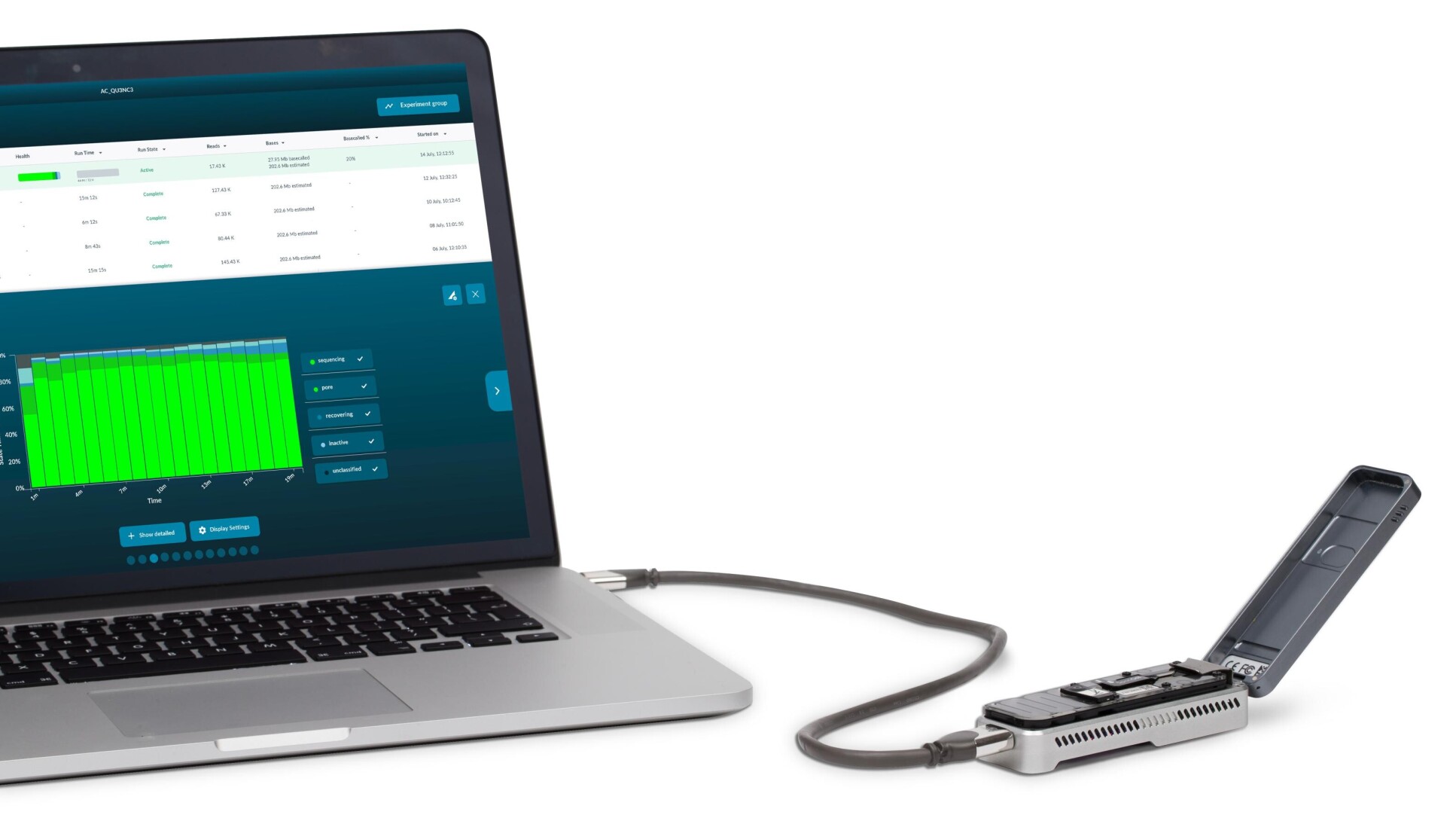 A mobile-phone sized device connected to a laptop