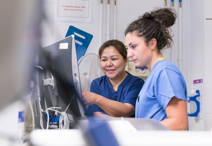 Two nurses monitor the system