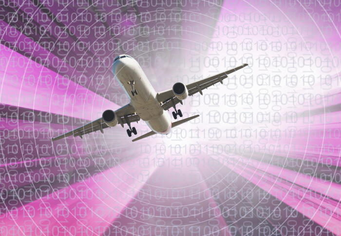 Illustration of airplane against background of binary 1s and 0s