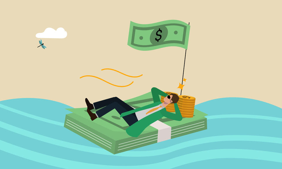 Illustration of wealthy man lying on his money on a calm sea